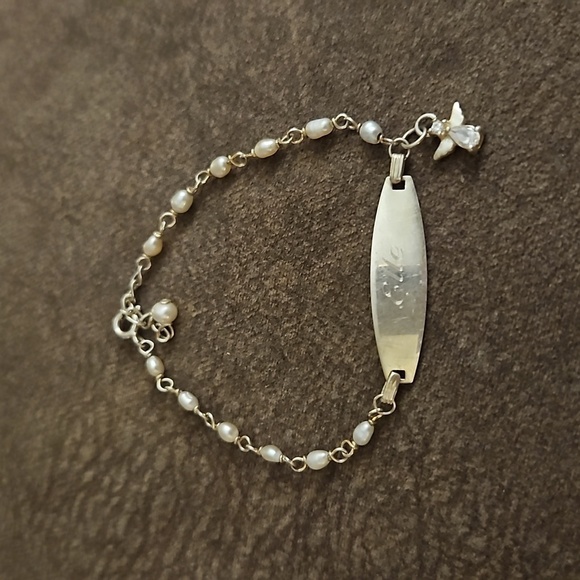 Dainty Sterling Silver Pearlesque Chain Elle ID Angel Tennis Bracelet - Picture 2 of 4
